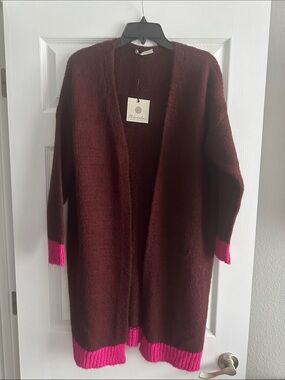 Long Open-Front Cardigan Sweater in Burgundy with Pink Accents